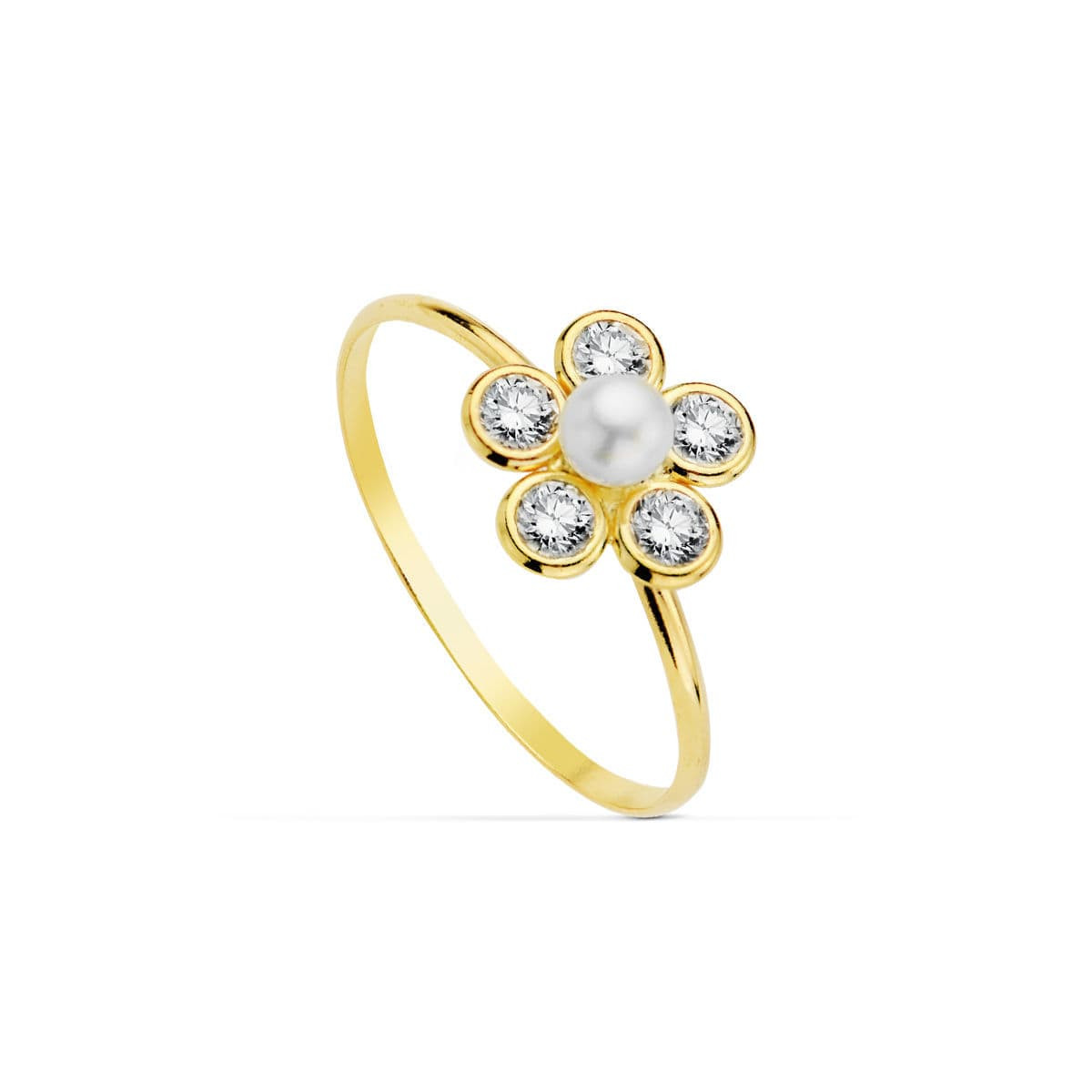 18K SORTIJA ORO AMARILLO FLOR CIRCONITAS CON PERLA DE 3MM. ANCHO: 9X9 MM