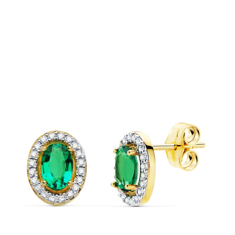 18K PENDIENTES ORO AMARILLO OVAL ESMERALDA RECRISTALIZADA 0,98 QT. 6X4 MM CIERRE DE PRESION.