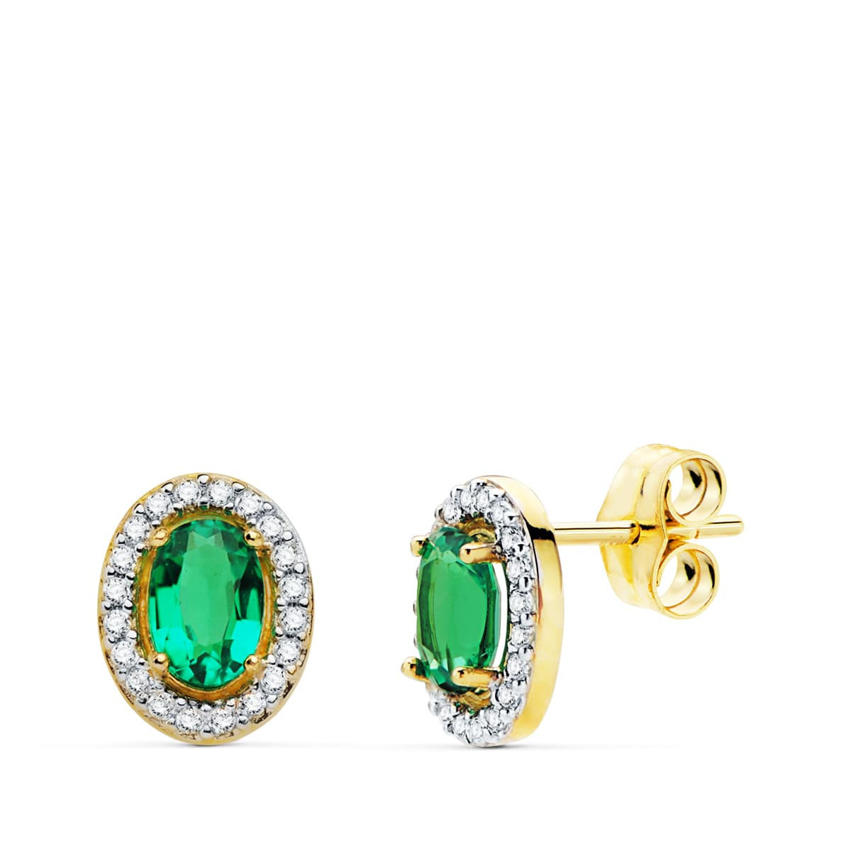 18K PENDIENTES ORO AMARILLO OVAL ESMERALDA RECRISTALIZADA 0,98 QT. 6X4 MM CIERRE DE PRESION.
