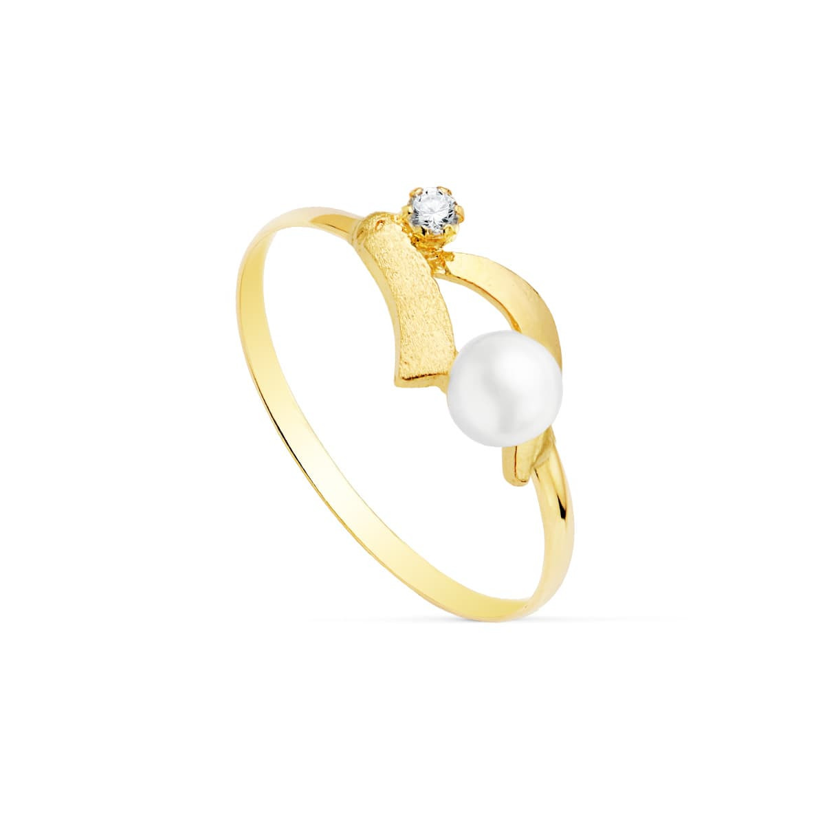 18K SORTIJA ORO AMARILLO HOJAS CON CIRCONITA Y PERLA DE 4 MM