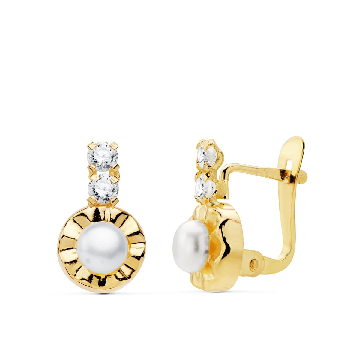 18K PENDIENTES ORO AMARILLO CIRCONITA 12X7 MM PERLAS 4 MM CIERRE CATALAN