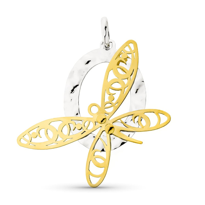 18K COLGANTE AMULETO ORO BICOLOR OVAL CON LIBELULA Y OVAL