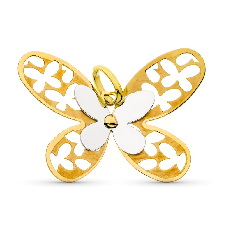 18K COLGANTE AMULETO  ORO BICOLOR MATE Y BRILLO MARIPOSA