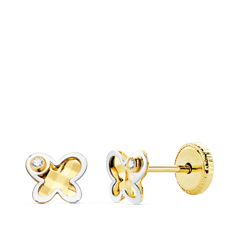 18K PENDIENTES MARIPOSA ORO BICOLOR CIRCONITA 5.5X4.5 MM CIERRRE TUERCA