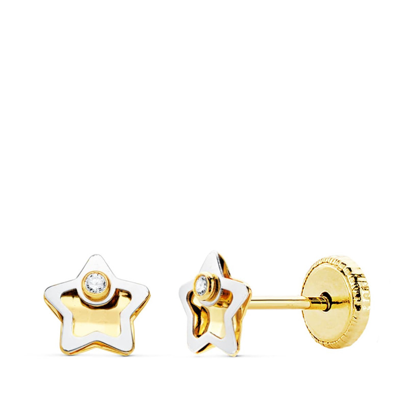 18K PENDIENTES ORO BICOLOR ESTRELLA CIRCONITA 5X5 MM CIERRE TUERCA