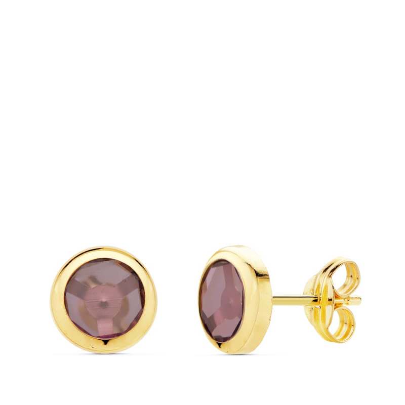 18K PENDIENTES ORO AMARILLO CHATON PIEDRA AMATISTA 6.5 MM CIERRE PRESION