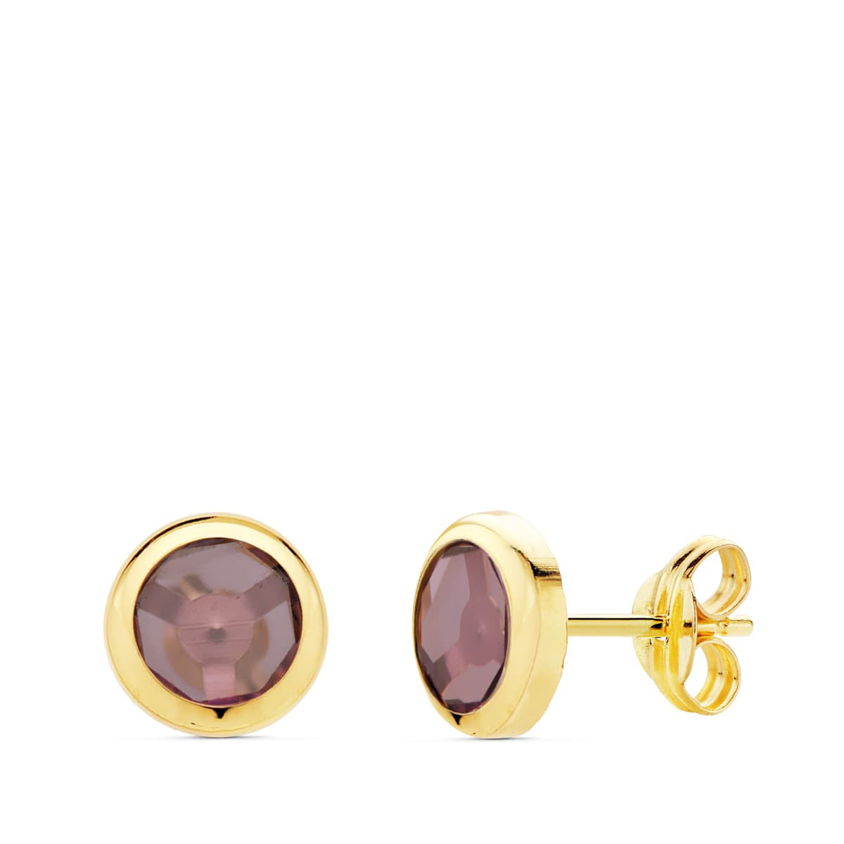 18K PENDIENTES ORO AMARILLO CHATON PIEDRA AMATISTA 6.5 MM CIERRE PRESION