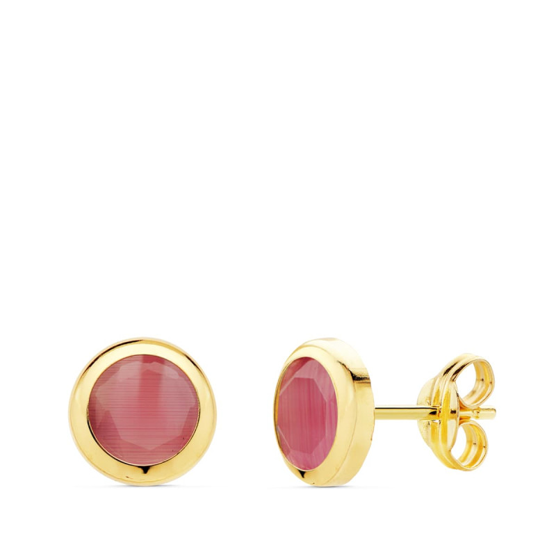 18K PENDIENTES CHATON PIEDRA ROSA 6.5 MM CIERRE PRESION