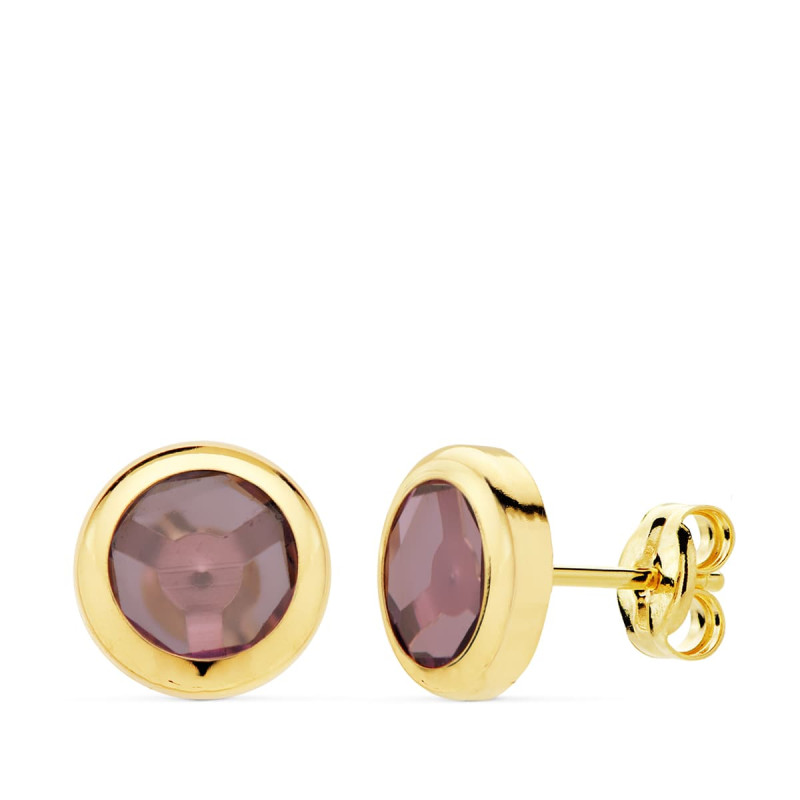 18K PENDIENTES ORO AMARILLO CHATON PIEDRA AMATISTA 8.5 MM CIERRE PRESION