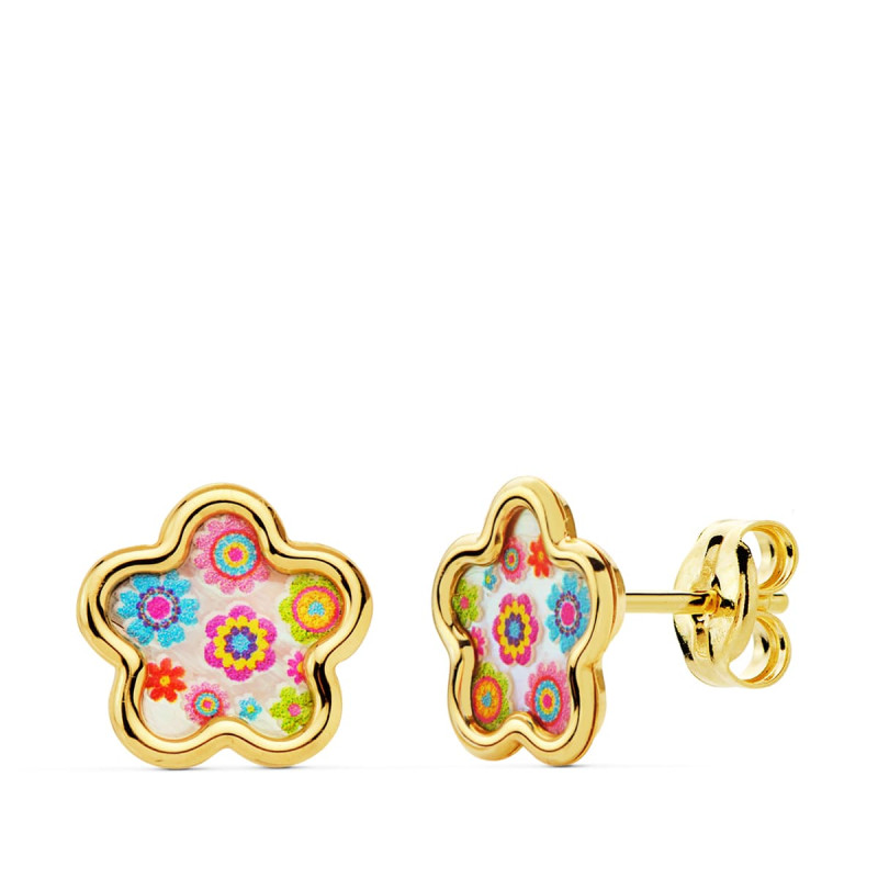18K PENDIENTES ORO AMARILLO FLOR NACAR COLORES. 8X8 MM CIERRE PRESION