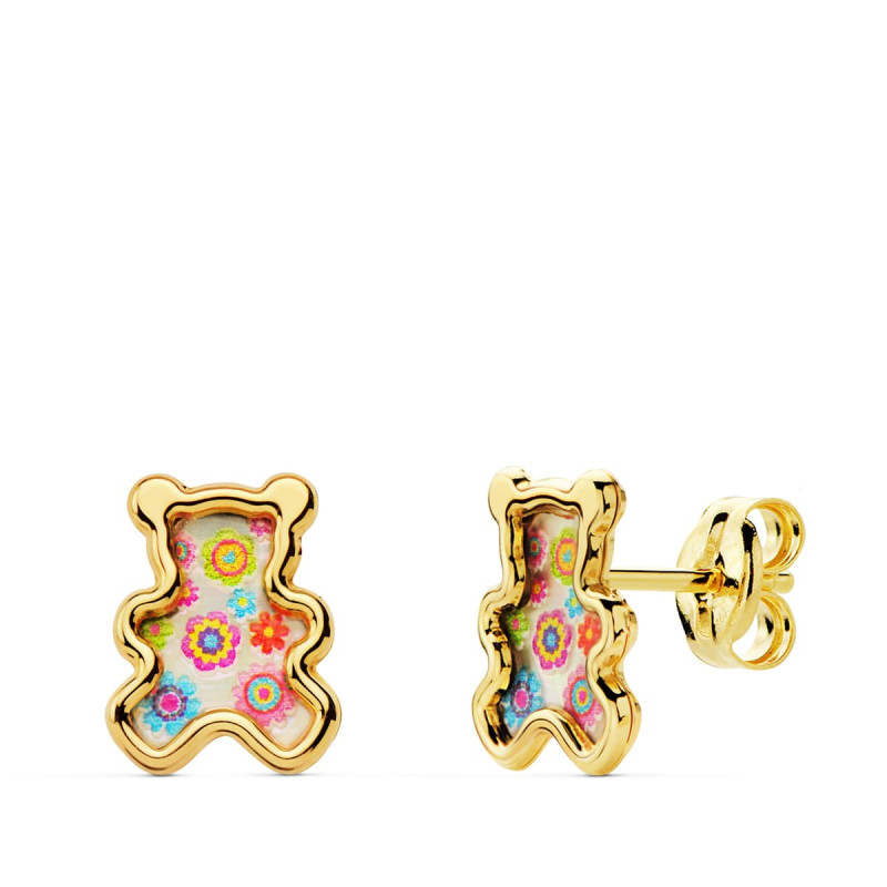 18K PENDIENTES ORO AMARILLO OSO NACAR COLORES. 8X6.5 MM CIERRE PRESION