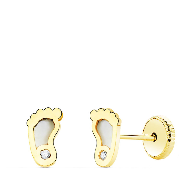 18K PENDIENTES ORO AMARILLO PIES CON NACAR 6X3.5 MM CIERRE TUERCA