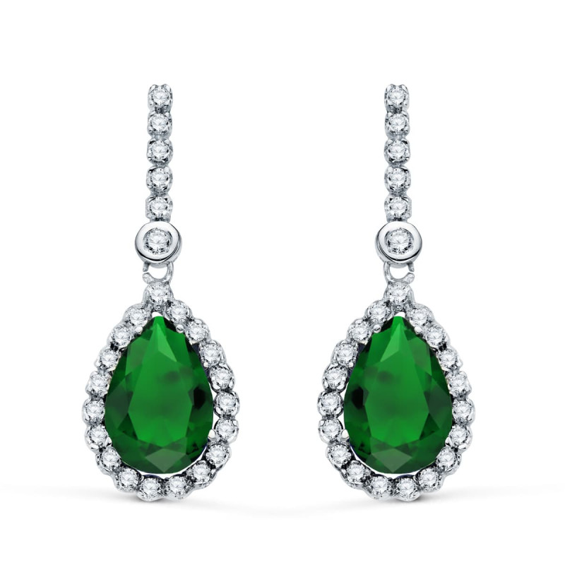 18K PENDIENTES ORO BLANCO DOS CUERPOS CON PIEDRA VERDE 12 X 8MM. 33X12MM CIERRE PRESION
