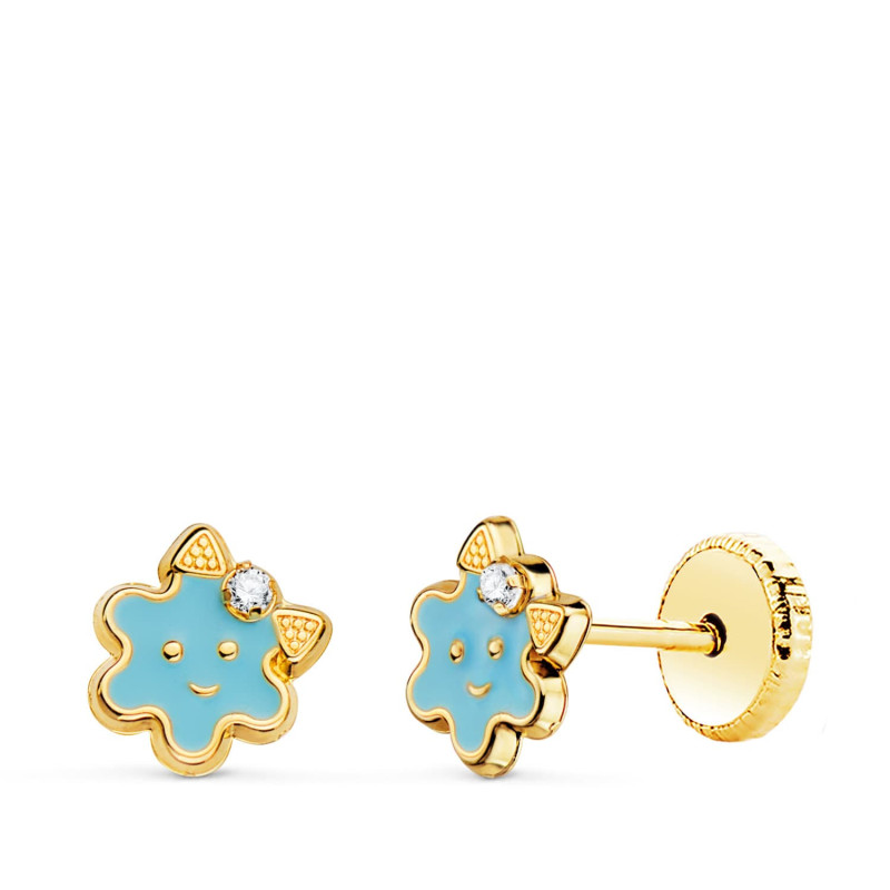 18K PENDIENTES ORO AMARILLO FLOR ESMALTE AZUL CIERRE TUERCA 6,5 X 6,5 MM