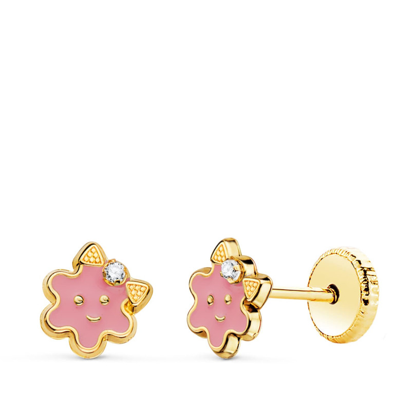 18K PENDIENTES ORO AMARILLO FLOR ESMALTE ROSA CIERRE TUERCA 6,5 X 6,5 MM