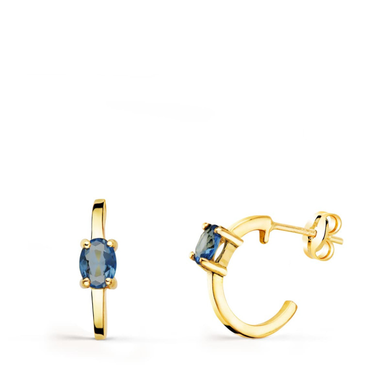 18K PENDIENTES ORO AMARILLO MEDIO ARO LISO CON AGUAMARINA 12X3 MM CIERRE PRESION.