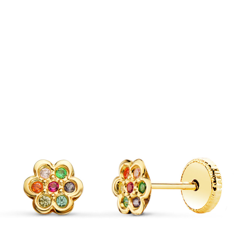 18K PENDIENTES ORO AMARILLO FLOR CON CIRCONITA COLORES 5X5 MM CIERRE TUERCA