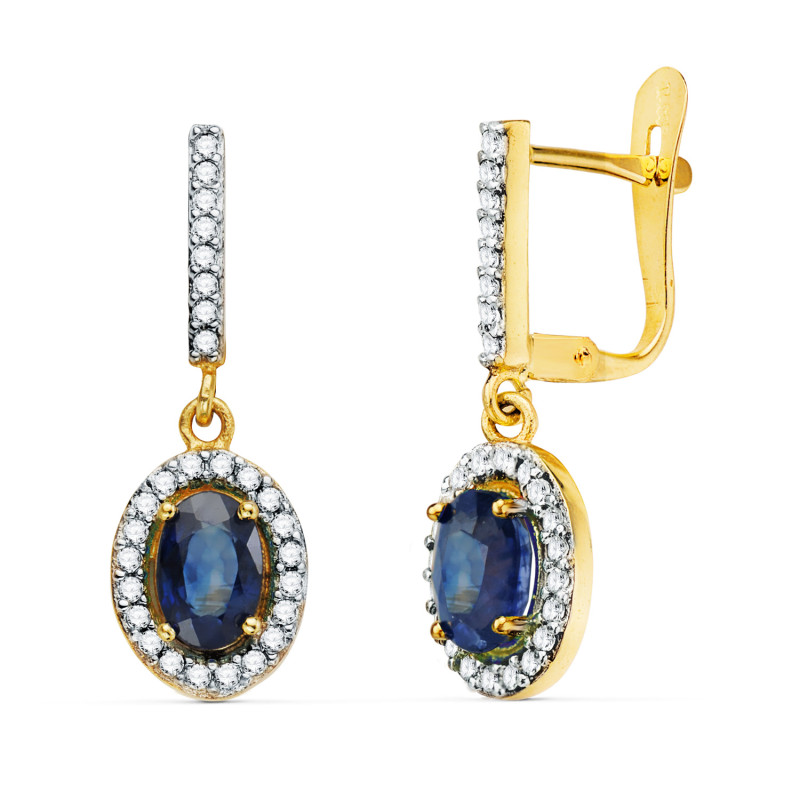 18K PENDIENTES ORO BICOLOR DOS CUERPOS ZAFIRO AZUL  6 X 4 MM Y CIRCONITAS. 22 X 8MM CIERRE CATALAN