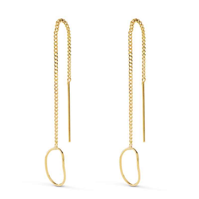 18K PENDIENTES ORO AMARILLO LARGOS CON CADENA Y MOTIVO OVAL. LARGO 76 MM