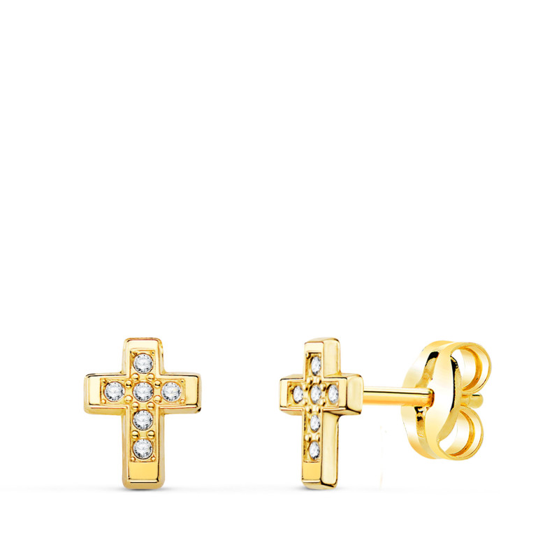 18K PENDIENTES ORO AMARILLO CRUZ CON CIRCONITA 6,5 X 5 MM  CIERRE PRESION