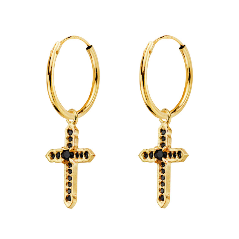 18K AROS ORO AMARILLO TUBO CON COLGANTE CRUZ CIRCONITA NEGRAS 17X12 MM ARO 14X1 MM