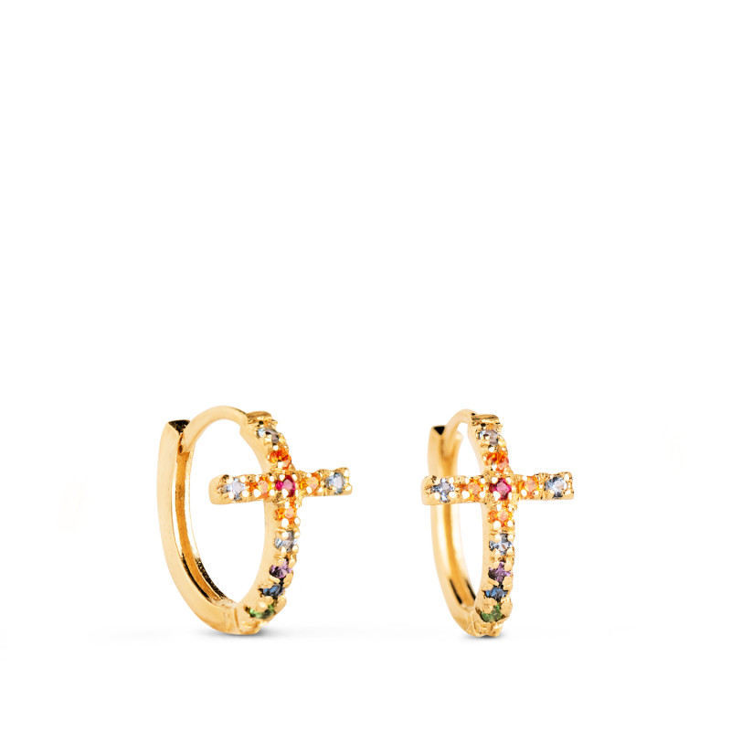 18K AROS ORO AMARILLO CRUZ CON CIRCONITAS COLORES. MEDIDA: 11 X 7 MM. CIERRE DE CLIP