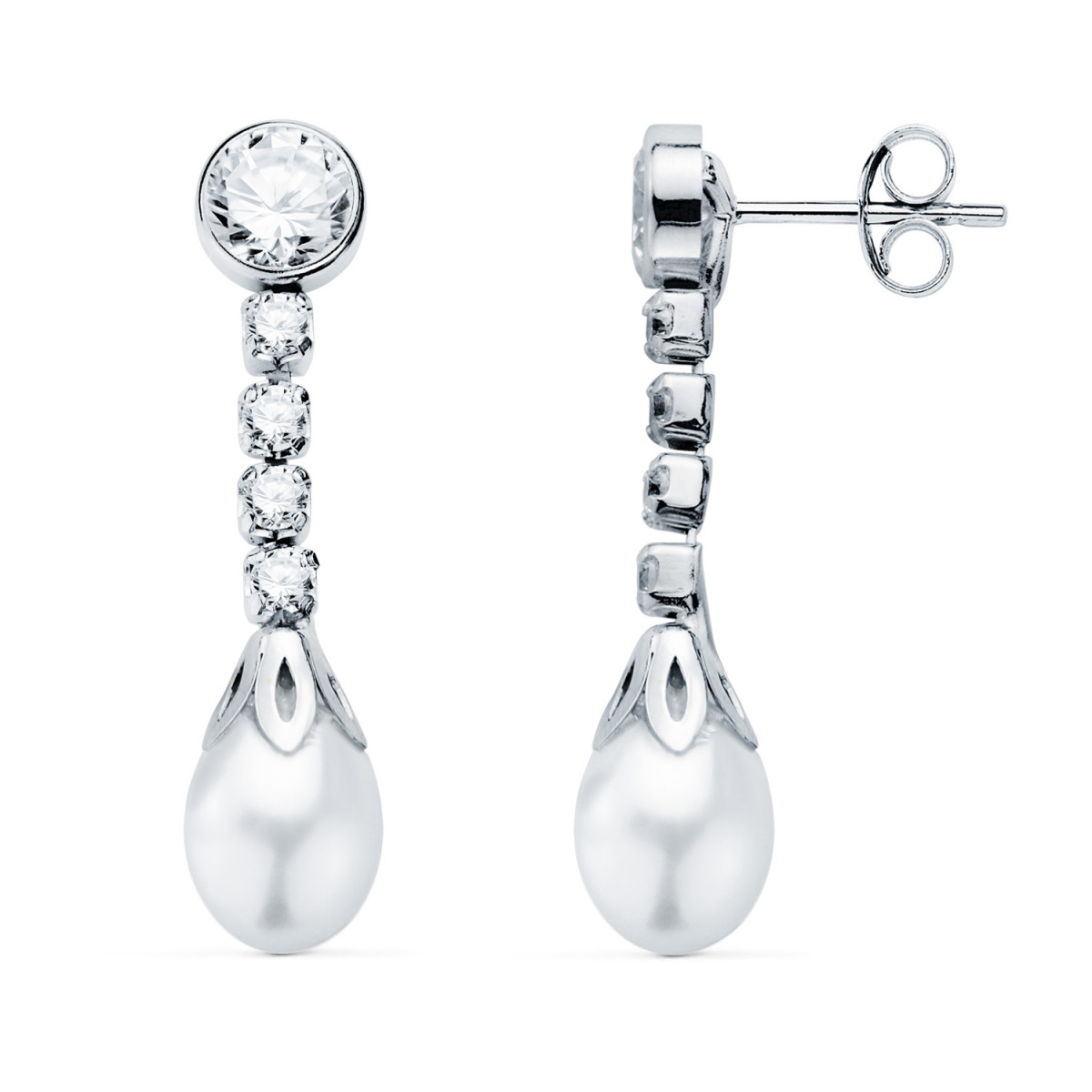 18K PENDIENTES ORO BLANCO PERLA Y CHATON CON CIRCONITA 27 X 6.5MM. CIERRE PRESION