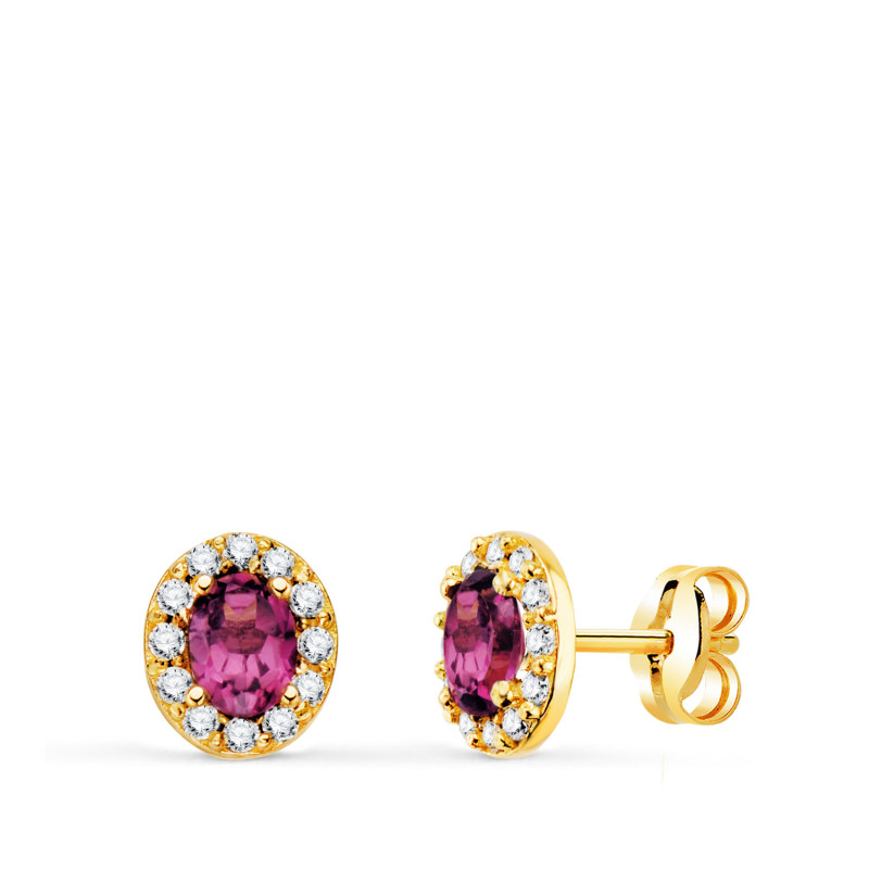 18K PENDIENTES ORO AMARILLO PIEDRA OVAL AMATISTA Y CIRCONITAS. 6,5 X 5,5 MM. CIERRE PRESION