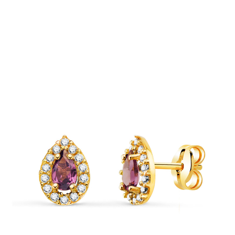 18K PENDIENTES ORO AMARILLO PIEDRA GOTA AMATISTA Y CIRCONITAS. 8,5 X 6 MM. CIERRE PRESION