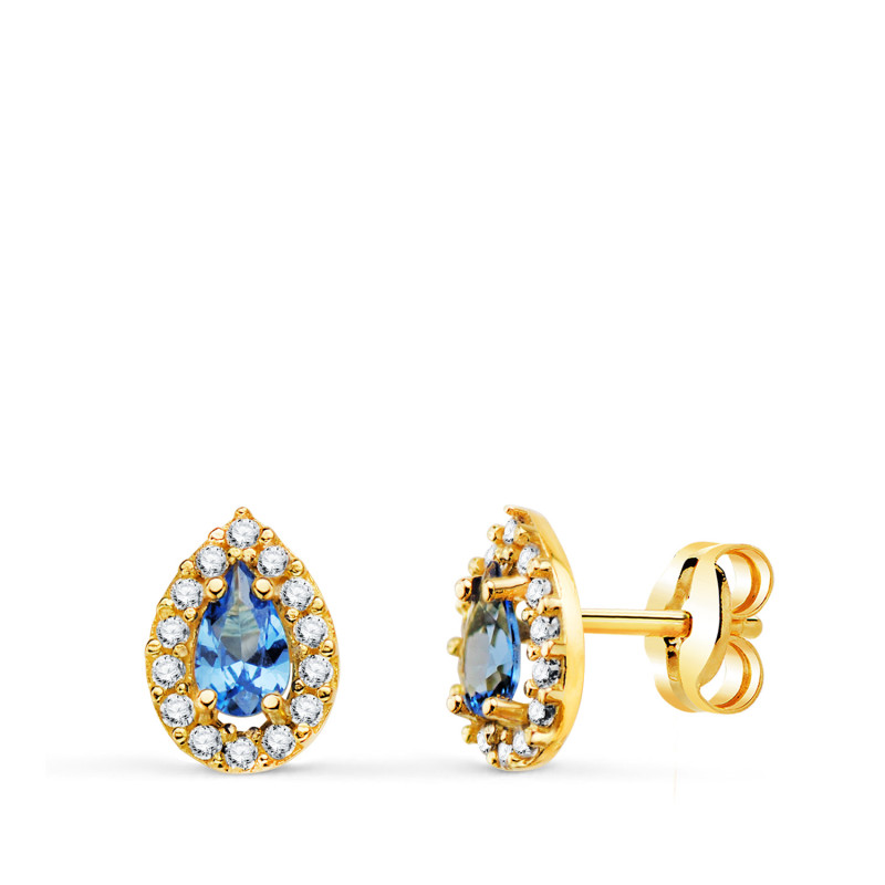 18K PENDIENTES ORO AMARILLO PIEDRA GOTA AZUL Y CIRCONITAS. 8,5 X 6 MM. CIERRE PRESION