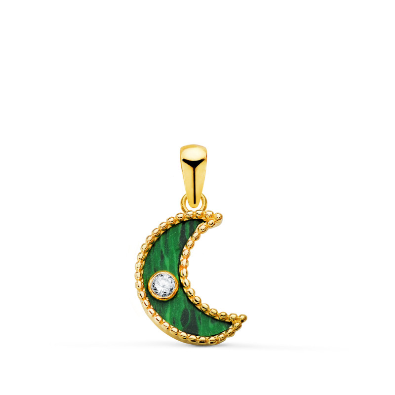 18K COLGANTE ORO AMULETO  AMARILLO MEDIA LUNA CERCO BOLITAS Y MALAQUITA CON CIRCONITA 12,5X9,5 MM.