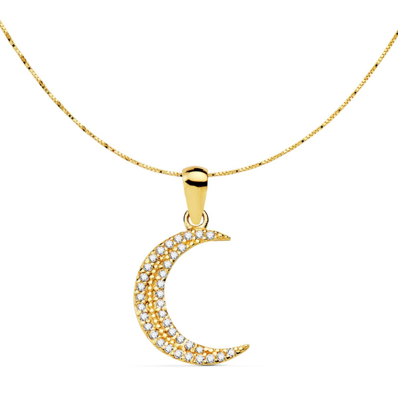 18K COLGANTE AMULETO ORO AMARILLO LUNA CIRCONITA 15X11 MM CADENA VENECIANA 42 3 CM