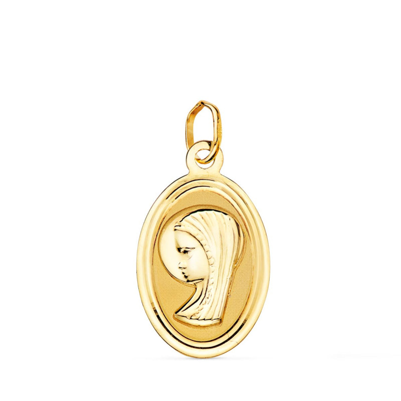 18K MEDALLA ORO AMARILLO OVAL VIRGEN NIÑA CON BORDE BISELADO. 19X12 MM