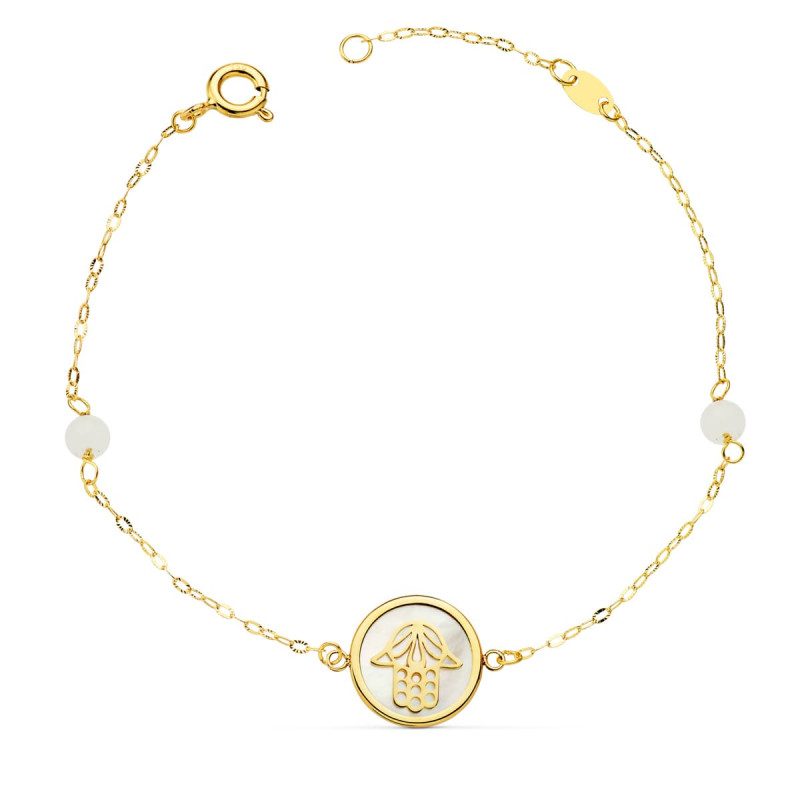 18K PULSERA ORO AMARILLO NACAR CON MANO DE FATIMA 12 MM Y BOLAS JADE 4 MM CADENA 18   2.5 CM