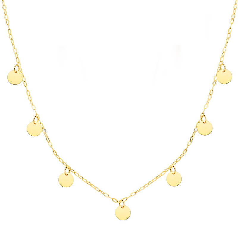 18K GARGANTILLA ORO AMARILLO PLACA CHAPAS REDONDAS 5 MM CADENA FORZADA 45CM