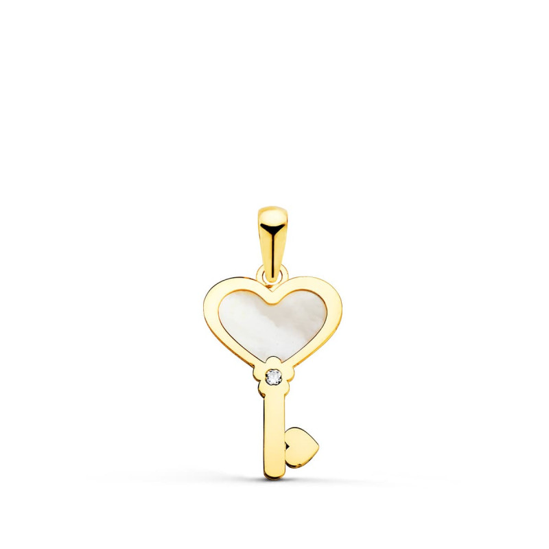 18K COLGANTE AMULETO ORO AMARILLO LLAVE DE NACAR CON CORAZON Y CIRCONITA 18X11 MM C. AMOR