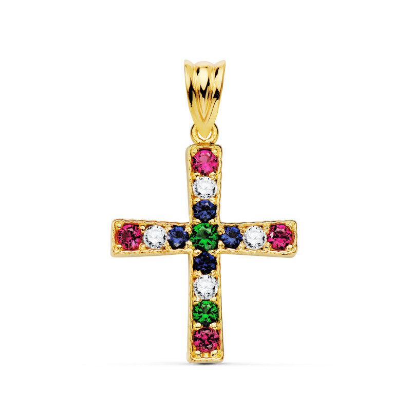 18K CRUZ ORO AMARILLO CON CIRCONITA COLORES REDONDAS. 22 X 19 MM