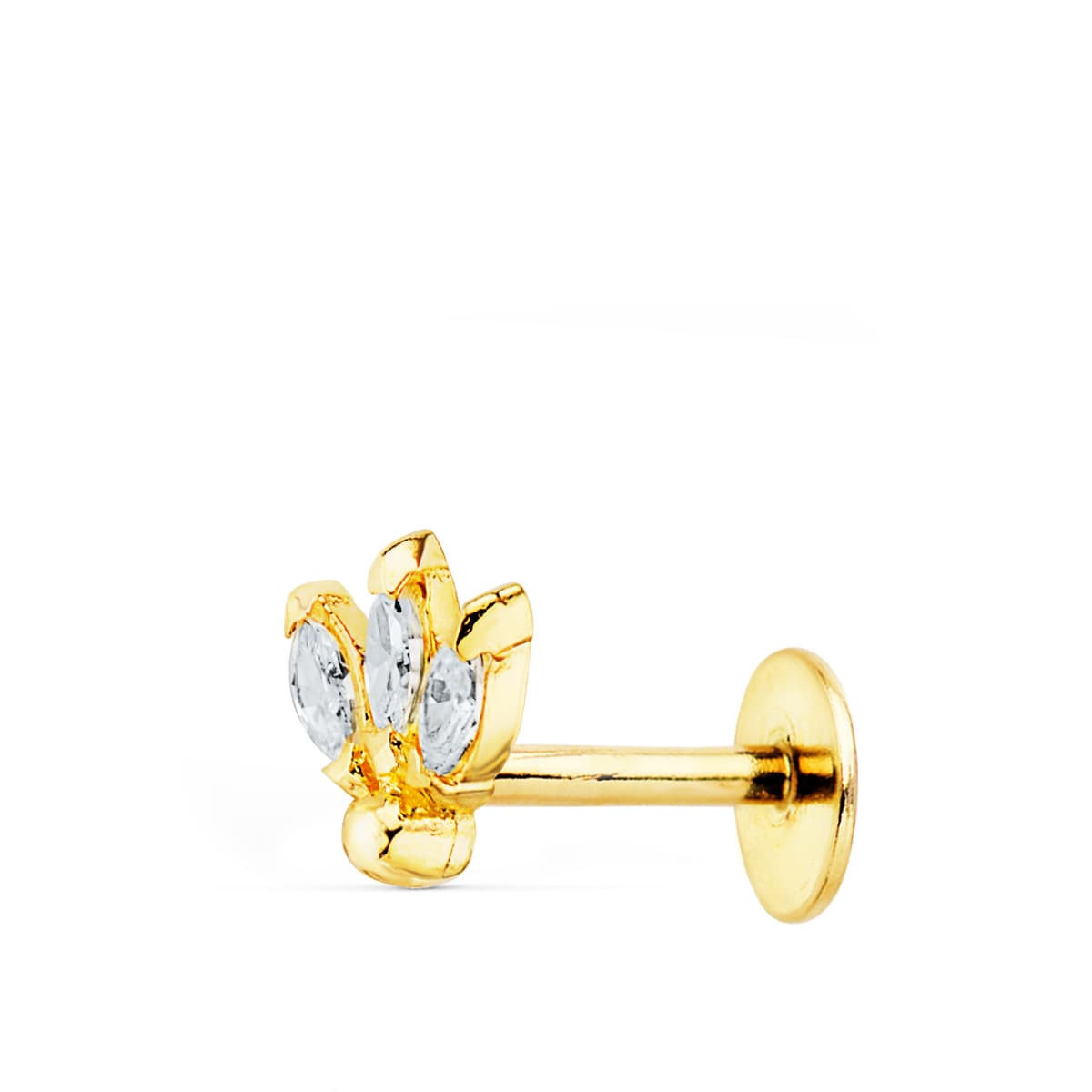 18K PIERCING OREJA ORO AMARILLO TRES HOJITAS CIRCONITA 6.5X6 MM ( UNIDAD )