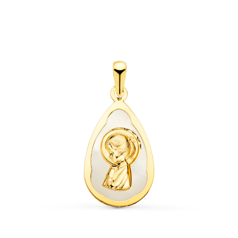 18K MEDALLA ORO AMARILLO GOTA CON NACAR BLANCO Y VIRGEN NIÑA 19X12 MM