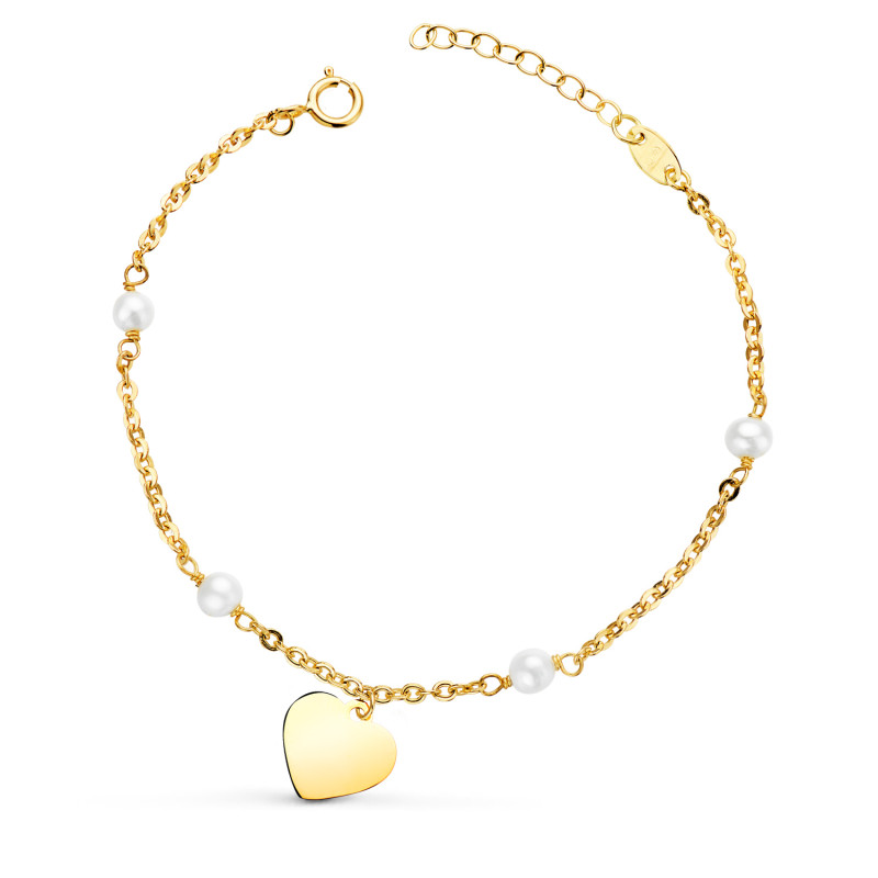 18K PULSERA ORO AMARILLO CON PERLAS 3.5MM Y PLACA CHAPA CORAZON 10MM. LARGO: 15 2CM C. AMOR