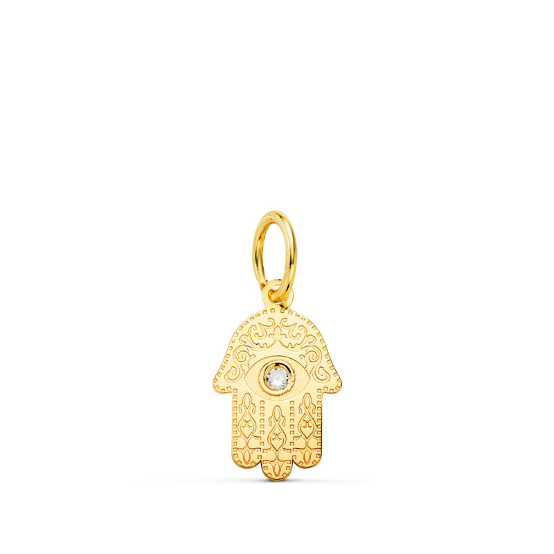 18K COLGANTE AMULETO ORO AMARILLO MANO DE FATIMA TALLADA CIRCONITA 11 X 6,5MM