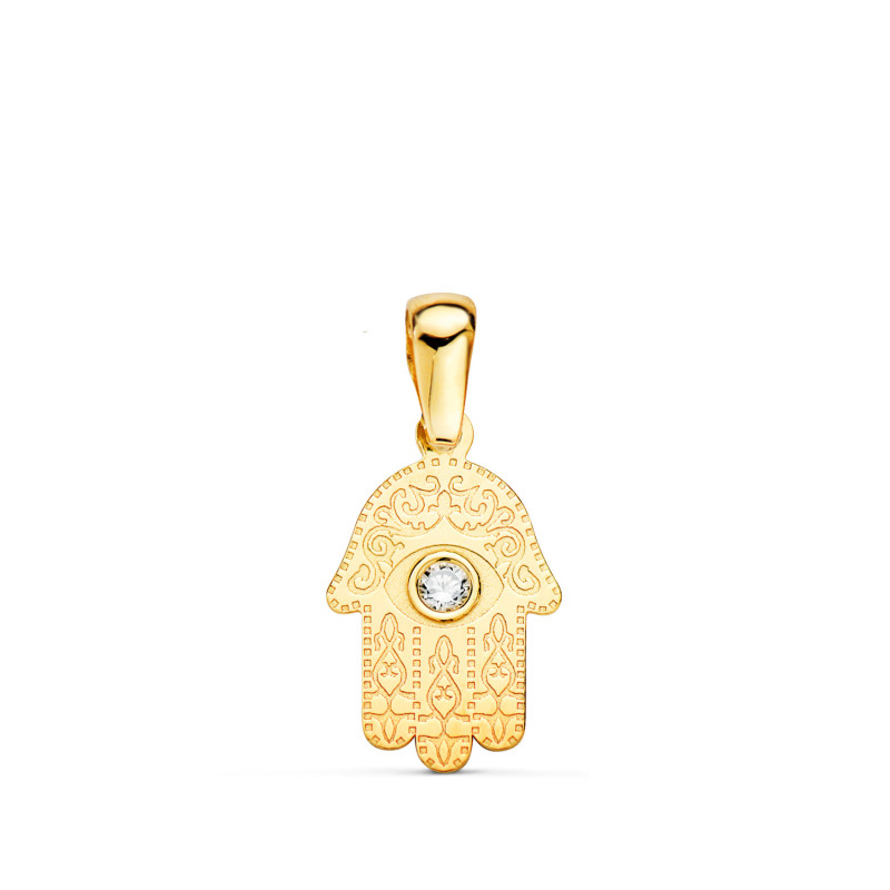 18K COLGANTE AMULETO ORO AMARILLO MANO DE FATIMA TALLADA CIRCONITA 13 X 8MM