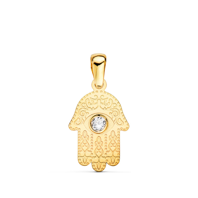 18K COLGANTE AMULETO  ORO AMARILLO MANO DE FATIMA TALLADA CIRCONITA 15 X 9MM