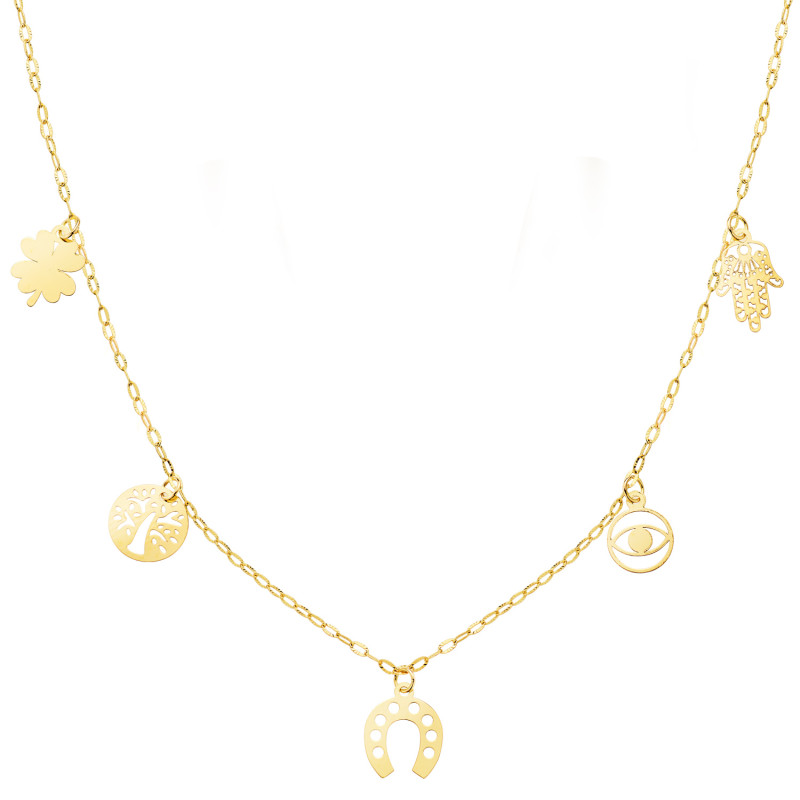 18K GARGANTILLA ORO AMARILLO CON COLGANTES DE LA SUERTE CADENA FORZADA 42   3 CM