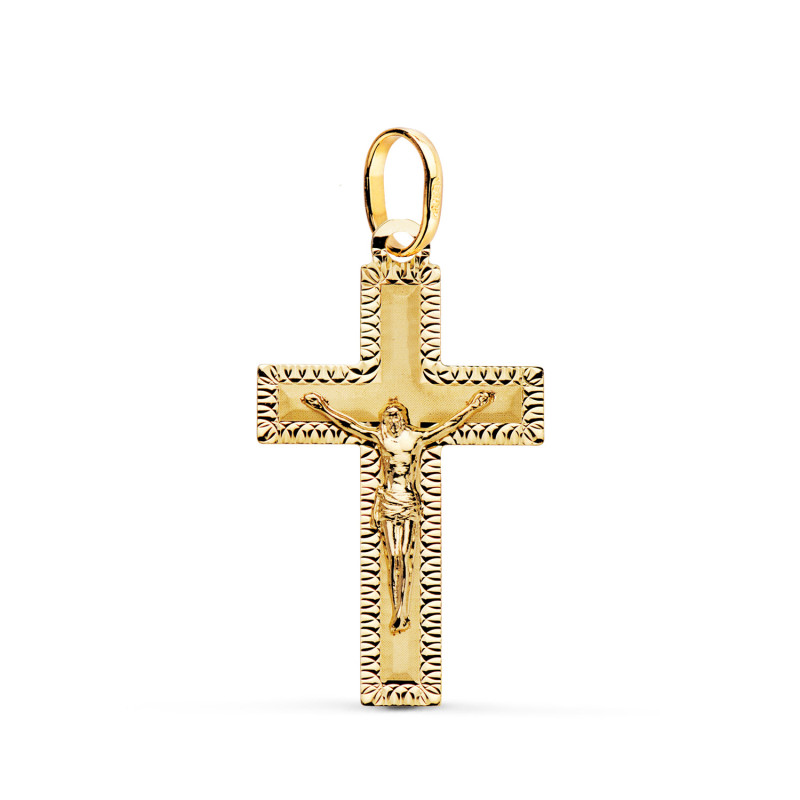18K CRUZ ORO AMARILLO CON CRISTO TALLADA 27 X 16 MM