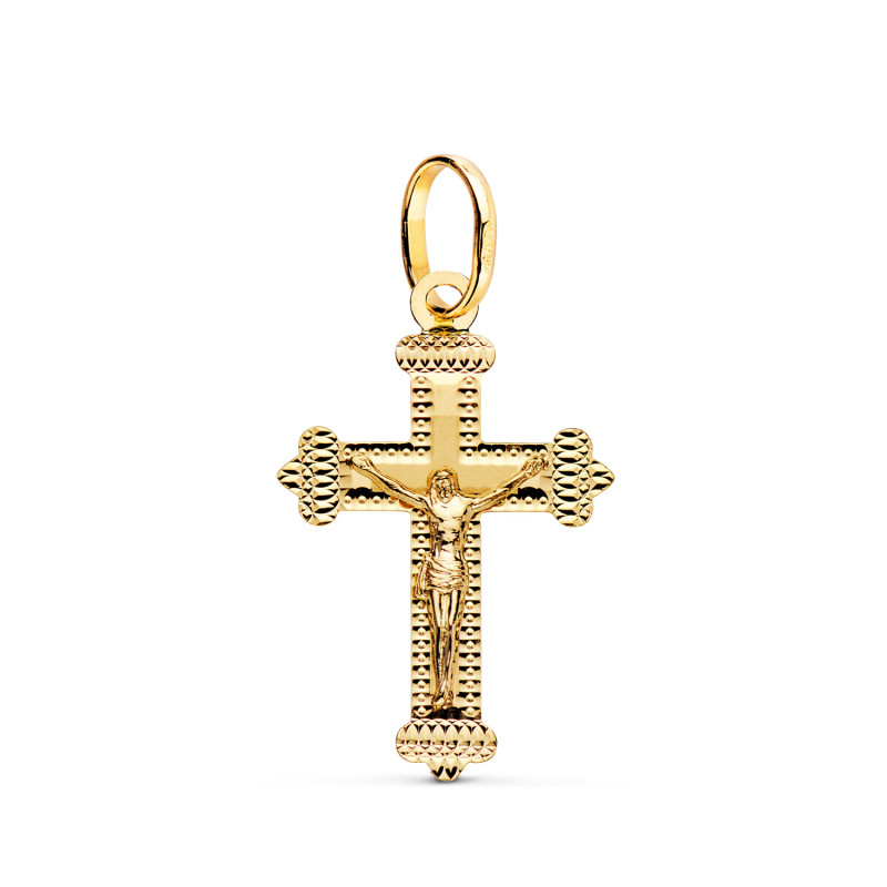 18K CRUZ ORO AMARILLO CON CRISTO TALLADA 27 X 18 MM