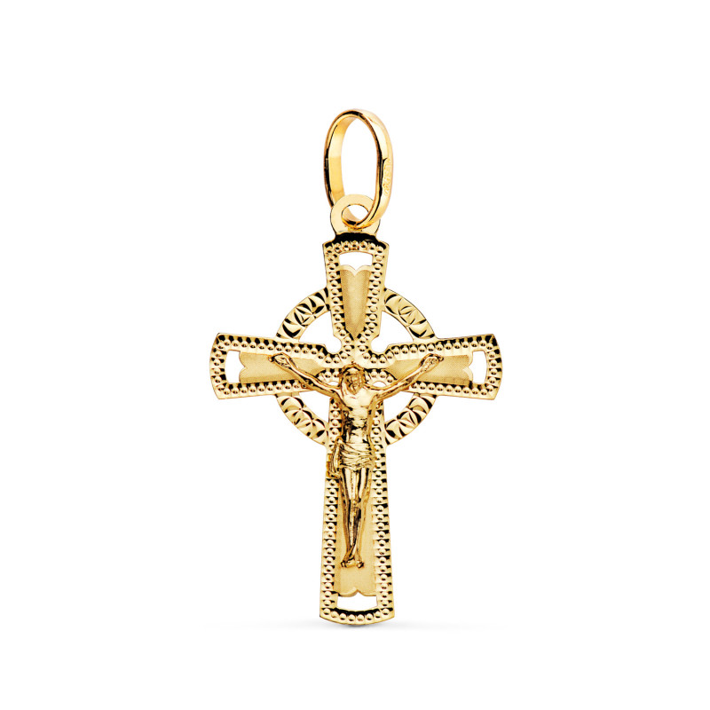 18K CRUZ ORO AMARILLO CON CRISTO TALLADA 28 X 18 MM