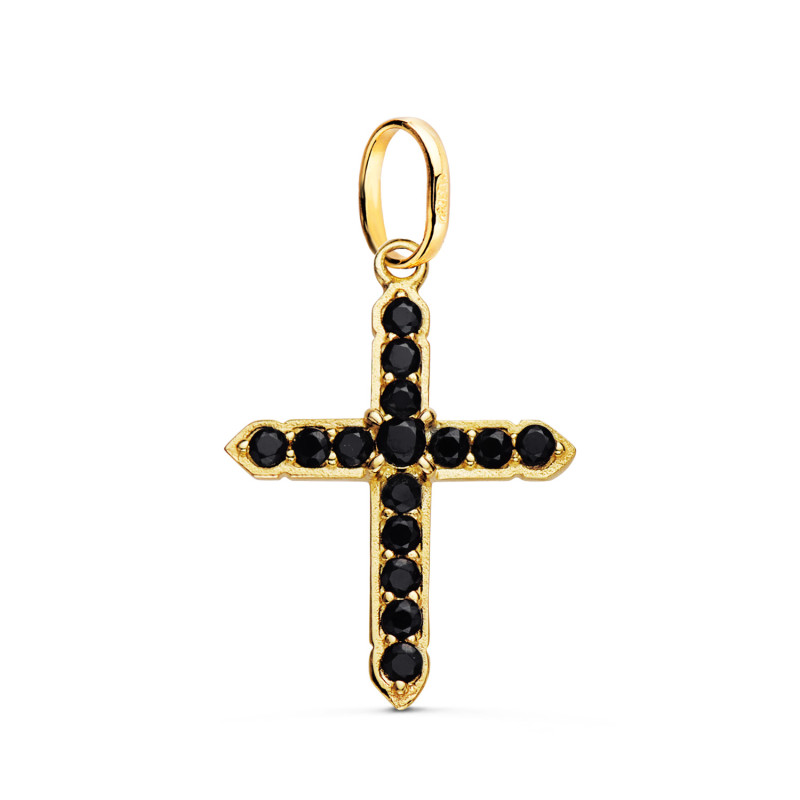 18K CRUZ ORO AMARILLO CON 15 CIRCONITA NEGRAS EN GARRAS. 24 X 18 MM