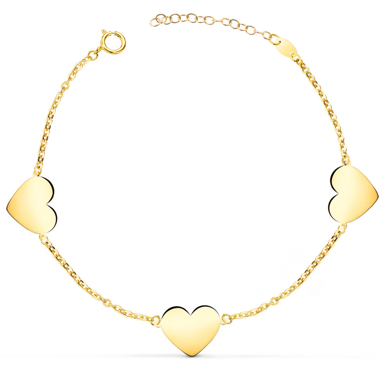 18K PULSERA ORO AMARILLO TRES CORAZONES EN BRILLO 11X10 MM. LARGO: 18 2 CM C. AMOR