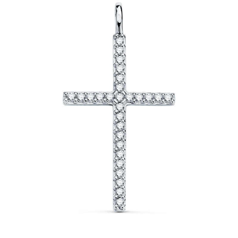 18K CRUZ ORO BLANCO CON CIRCONITA BLANCAS. 36 X 19 MM. ANILLA FIJA